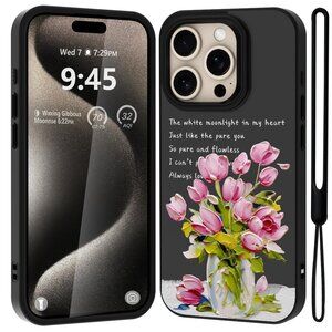Iphone 15 Pro Max Black Pink Tulip Poem Matte Case Design With Wrist Strap